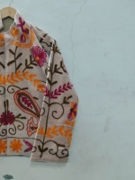 Blouson bomber pour femme brodé de fleurs, col montant, manches trois quarts, broderie à la main, coton tricoté, printemps, automne, hiver