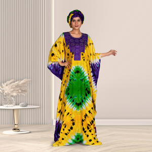 Kaftan Farasha en rayonne avec motif abstrait saisissant, col orné, manches chauve-souris décontractées et longueur élégante jusqu'au sol - Product Image 1