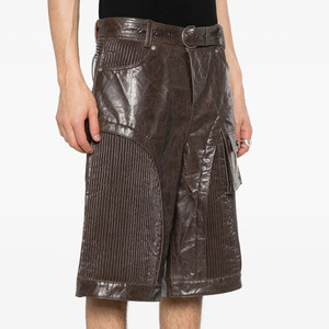 Nuevo Diseño Pantalones Cortos Cargo Bermuda de Cuero Sintético Arrugado y Fruncido para Hombre, de Pierna Ancha, Color Marrón Chocolate Sólido, Estilo High Street - Product Image 3