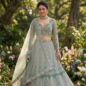 Lehenga Choli de Lujo Verde Marino Bordado con Dupatta de Red, Lentejuelas y Pedrería, Traje de Novia de Diseñador - Product Image 1