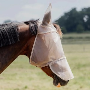 Masque anti-mouches en cuir véritable pour chevaux, protection estivale, maille respirante, protection UV, design doux pour les oreilles et le nez, pour l'équitation - Product Image 1