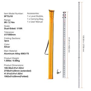 Bâton de nivellement télescopique en aluminium de 9 pieds/10 sections, 3 sections, avec échelle double face de 1/10 pied, instrument en alliage - Product Image 3