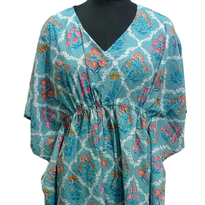 Chất Lượng Cao Phụ Nữ Kaftan Ngắn Tay Áo Lỏng Màu Xanh V-Hình Dạng Kaftan Cho Phụ Nữ Cộng Với Kích Thước Mặc Giản Dị