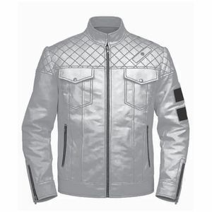 Blouson moto en cuir PU blanc pour homme, col montant, fermeture éclair, motif géométrique, coupe classique, style automne - Product Image 5