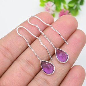 Nikhil Gems Natural Amethyst Pear Drop Threader <b>Earrings</b> Sterling Silver 925 Third Party Certified Trendy Women's/Unisex Jewelry - Product Image 4