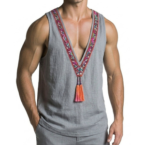Men's Tribal Style Deep V-Neck Tank Tops Wholesale Price Customizable Sleeveless Shirt Tassel Ethnic Embroidery Trim Tank Tops - Product Image 6