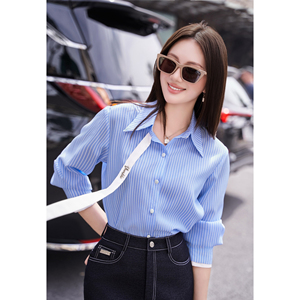 Camisa de Algodón a Rayas Azules para Mujer, Manga Larga, Cuello con Botones, Estilo Casual de Oficina, Corte Holgado, Detalle de Lazo, OTOÑO - Product Image 4