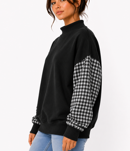 Sudadera Oversize de Cuello Alto para Mujer, Personalizada por el Fabricante, con Bordado de Letras en Gingham y Mangas con Patchwork, Estilo Casual - Product Image 4