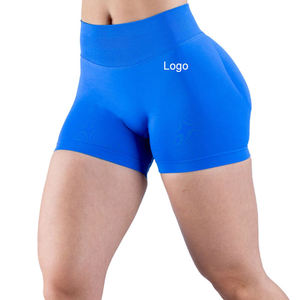 Shorts de sport pour homme taille haute bleu uni en toile respirante tricotée avec logo avant et taille élastique déchirée - Product Image 1