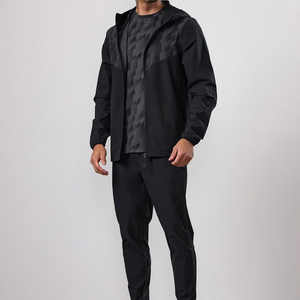 Men's Black Hooded Tracksuit Full <b>Zip</b> Geometric Pattern Sporty Casual Wear With Side Pockets Regular Fit Autumn Style - Product Image 1