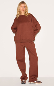 Women's <b>Brown</b> Cotton Tracksuit Set Crew Neck Sweatshirt <b>Jogger</b> Pants Loose Fit Solid Color Casual Autumn Wear Full Length - Product Image 2