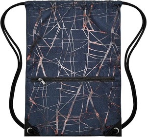 Navy Blue Nylon <b>Drawstring</b> <b>Backpack</b> with Abstract Pattern and Front Zipper Pocket - Product Image 2