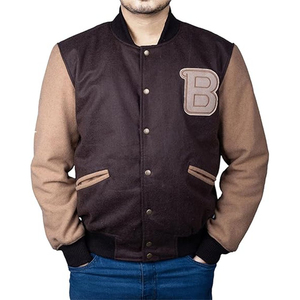 แจ็คเก็ตเบสบอลสีดำขายส่ง สไตล์วิทยาลัย แบบ Letterman แขนหนัง PU แจ็คเก็ตบอมเบอร์สำหรับผู้ชาย แจ็คเก็ตวินเทจ - Product Image 1