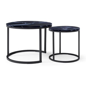 <b>Set</b> of 2 Circular <b>Marble</b> Pattern Wooden <b>Coffee</b> <b>Tables</b> with Black Frame and Top for Living Room Bedroom Apartment Tea <b>Table</b> Use - Product Image 1