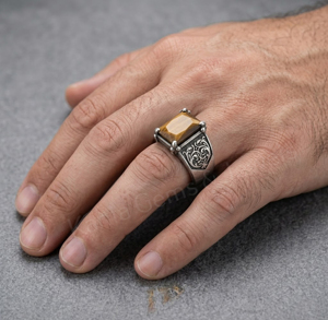 <b>925</b> Sterling <b>Silver</b> Men's <b>Ring</b> With Square Natural Tiger Eye Stone Geometric Vintage Design Prong Setting Everyday Wear Jewelry - Product Image 4