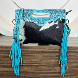 Nouvelles femmes à la mode Turquoise usiné à la main en cuir de vachette frange sac à bandoulière vente chaude en cuir véritable fermeture éclair sacs à bandoulière - Product Image 4