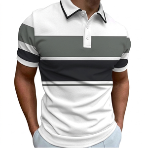 Polo de hombre con rayas anchas en contraste – Blanco con paneles grises y negros – Manga corta, corte ajustado – Algodón piqué transpirable, estilo casual - Product Image 3