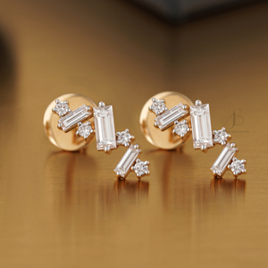 14K Gold Fine Stud <b>Earrings</b> 0.99 CT Baguette Round Lab Grown Diamond Zigzag Design - Product Image 4