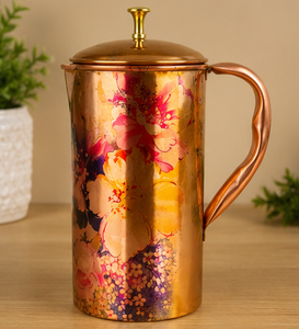 Carafe en cuivre à imprimé floral avec couvercle, grande capacité, pichet à eau décoratif, usage domestique, design artisanal, Tamra Jal - Product Image 1