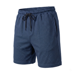 Shorts pour homme en piqué 100% coton bleu marine avec cordon de serrage à la taille, décontractés, respirants, longueur bermuda, couleur unie, tissu tricoté - Product Image 1
