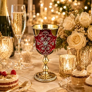 Gobelet élégant à bord doré avec accent en cristal, coupe à vin en laiton faite à la main, décoration de mariage - Product Image 6