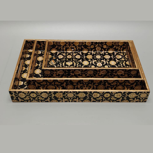 ชุดถาดเสิร์ฟเคลือบสีดำลายเรขาคณิต ปลอดภัยสำหรับอาหาร 3 ชิ้น – ถาดซ้อนกันได้ทันสมัยหรูหรา ทำจาก MDF และกระดาษ สำหรับห้องครัว ห้องรับประทานอาหาร และตกแต่งบ้าน - Product Image 5