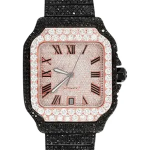 Montre en quartz avec cadran noir, entièrement sertie de diamants noirs et de moissanite taille ronde, personnalisée avec affichage de la date, pour homme - Product Image 2