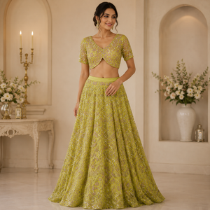 Lehenga Choli de Mariée Vert Olive de Luxe pour Femme, Brodé de Paillettes, pour Réception de Mariage, Fiançailles, Soirée, Création Traditionnelle de Designer - Product Image 3