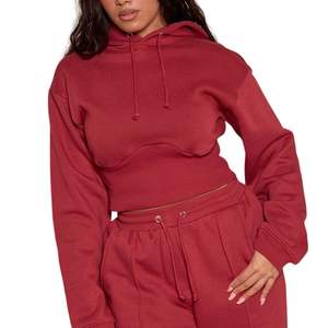 Ensemble survêtement décontracté 2 pièces pour femme : crop top à capuche et pantalon jogger taille haute, couleur unie, vente en gros - Product Image 4