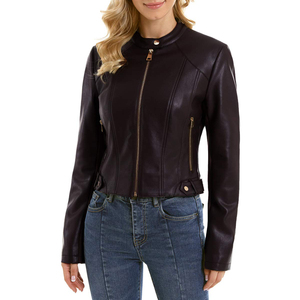 Chaqueta de cuero informal para mujer, con estampado personalizado, talla estándar, cuello alto, transpirable, ropa exterior informal de cuero. - Product Image 4