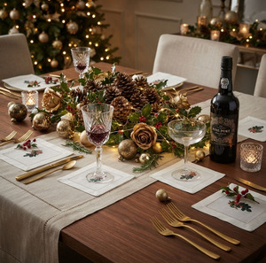 Serviettes de cocktail de Noël brodées houx et nœud rouge 6x6' en coton blanc avec ourlet festonné pour la maison, l'hôtel et les fêtes - Product Image 6