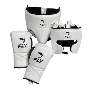 Latest Design White Fly Boxing Set Factory Manufacture Top Selling Pro Punching Leather Boxing <b>Gloves</b> Head Guard And Groin Guard - Product Image 1