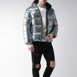 Chaqueta Acolchada con Capucha para Hombre, Metálica Iridiscente, Recubierta de PU, Impermeable, Relleno de Poliéster, Chaqueta Casual de Invierno con Cierre de Cremallera - Product Image 4