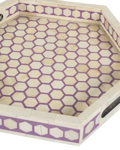 Bandeja de Servicio Decorativa Geométrica con Incrustaciones de Hueso y Asa, Diseño Moderno para Decoración del Hogar, Bandeja de Almacenamiento con Diseño Estampado en Púrpura y Blanco - Product Image 5