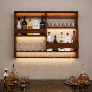 Aqdus Saleem Walnut Wood Mid Century Modern Rectangle <b>Wall</b>-<b>Mounted</b> Wine Rack Glass Combo Eco-friendly Handcrafted Durable - Product Image 1