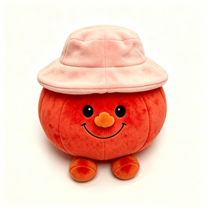 Almohada de calabaza suave personalizada, juguete de peluche de calabaza redonda, peluche de calabaza con sombrero de cubo rosa, peluche de calabaza roja con sombrero. - Product Image 4