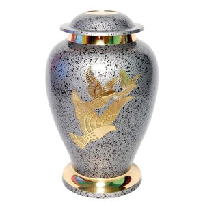 Urne funéraire en laiton de haute qualité pour adulte, avec motif d'oiseaux en vol, finition marbre doré et gris, urnes funéraires métalliques pour cendres humaines - Product Image 1