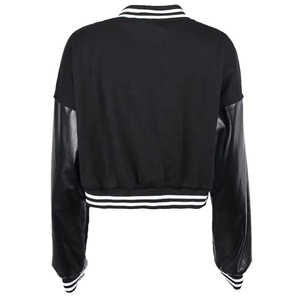 Factory Price Women's Crop Varsity <b>Jacket</b> with <b>Long</b> Faux <b>Leather</b> Sleeves Solid Color Knitted Cotton Custom OEM Options Autumn - Product Image 4