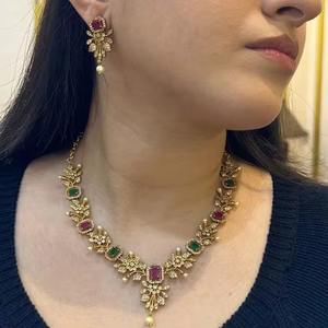 Vibrant Afghan Multi Color Navratna Style Emerald <b>Ruby</b> And Amethyst Crystal Floral Vine <b>Necklace</b> Set - Product Image 2