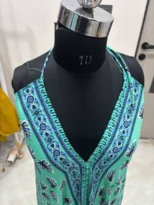 Premium Quality <b>Backless</b> <b>Halter</b> Neck Green Leaf Print Western <b>Dress</b> Sleeveless Plunge V Neck Ankle Length Bohemian Summer Wear - Product Image 2