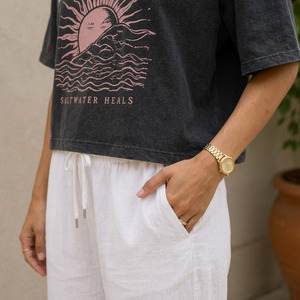 T-shirts d'été pour femmes en coton biologique, coupe classique, décontractés, à manches courtes, col rond, épaules tombantes, respirants, imprimés, vente en gros - Product Image 5