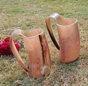 Mug en corne naturelle fait main de qualité export indienne, écologique, avec poignée, couvercle coulissant anti-fuite, capacité 500 ml, design classique - Product Image 3