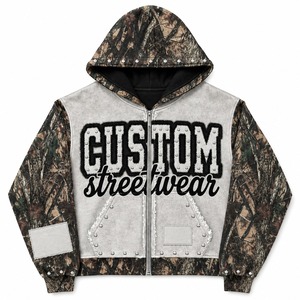 Custom Camo And Grey Zip Up Hoodie With Studded Patch Work And Custom Print Design For Unisex Wear - Product Image 1