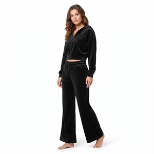Conjunto de dos piezas de terciopelo para mujer: Top corto con cremallera, manga larga, hombros caídos y pantalón jogger de pierna ancha. Venta al por mayor. - Product Image 2