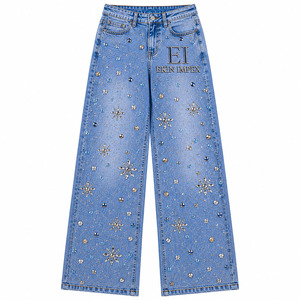 Custom logo Women's Rhinestone Embellished Wide Leg Jeans High Waist Blue Denim <b>Pants</b> <b>Y2K</b> Luxury Streetwear Wholesale - Product Image 1