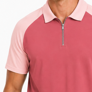 Polo à col zippé pour homme, rose vif et rose clair, manches raglan color block, logo personnalisé, très demandé, pour le golf - Product Image 3