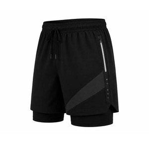 Men Sport Shorts Black Solid Color Blocked Side Stripe Quick Dry Drawstring Waist <b>Mid</b> Length Knitted Polyester Double <b>Layer</b> - Product Image 1