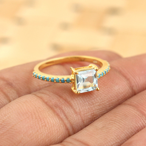 Elegant Gold Plated Blue Topaz <b>Ring</b> With <b>Turquoise</b> Accents | Square Cut Minimal Women’s Statement <b>Ring</b> - Product Image 3