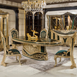Ensemble de meubles de salle à manger de style royal français antique européen, table ovale en bois massif vert émeraude, classique doré - Product Image 2