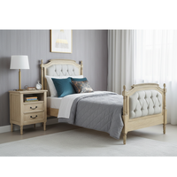 Lit enfant moderne de luxe français en bois massif avec tête de lit capitonnée, style classique, taille double, couleur naturelle pour chambre à coucher